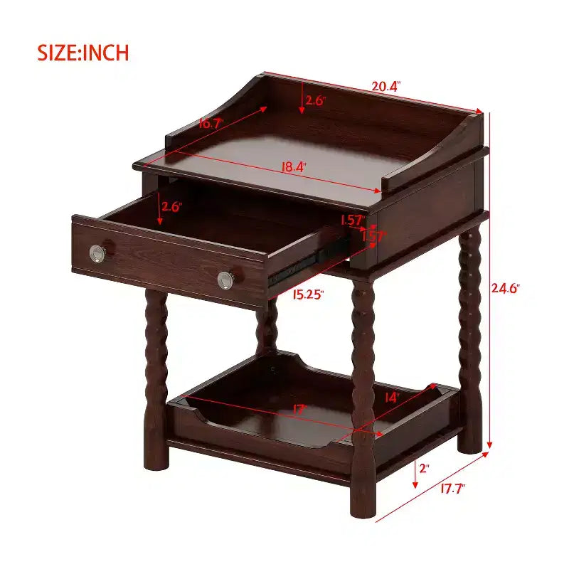 Table de chevet rétro avec tiroir et étagère ouverte, table de chevet avec pieds tournés et poignée en métal, table d'appoint pour chambre à coucher