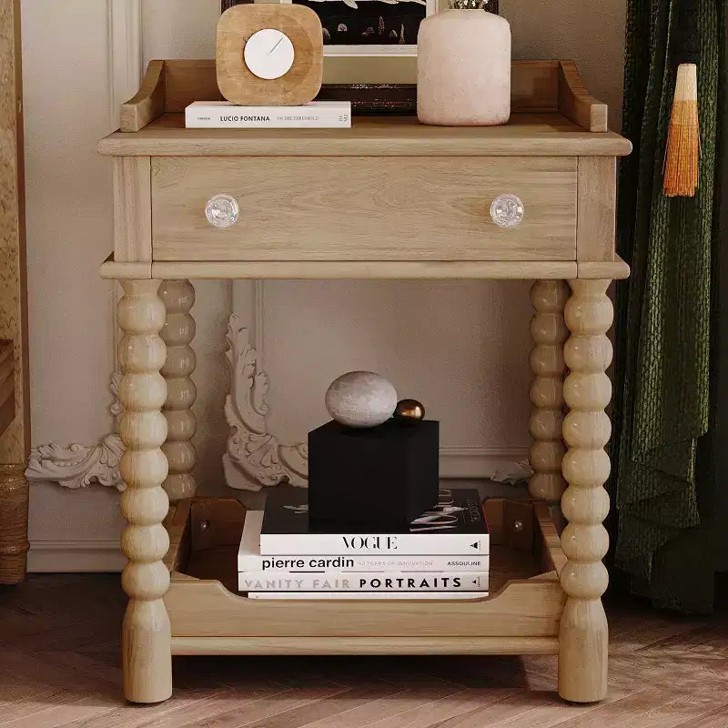 Table de chevet rétro avec tiroir et étagère ouverte, table de chevet avec pieds tournés et poignée en métal, table d'appoint pour chambre à coucher
