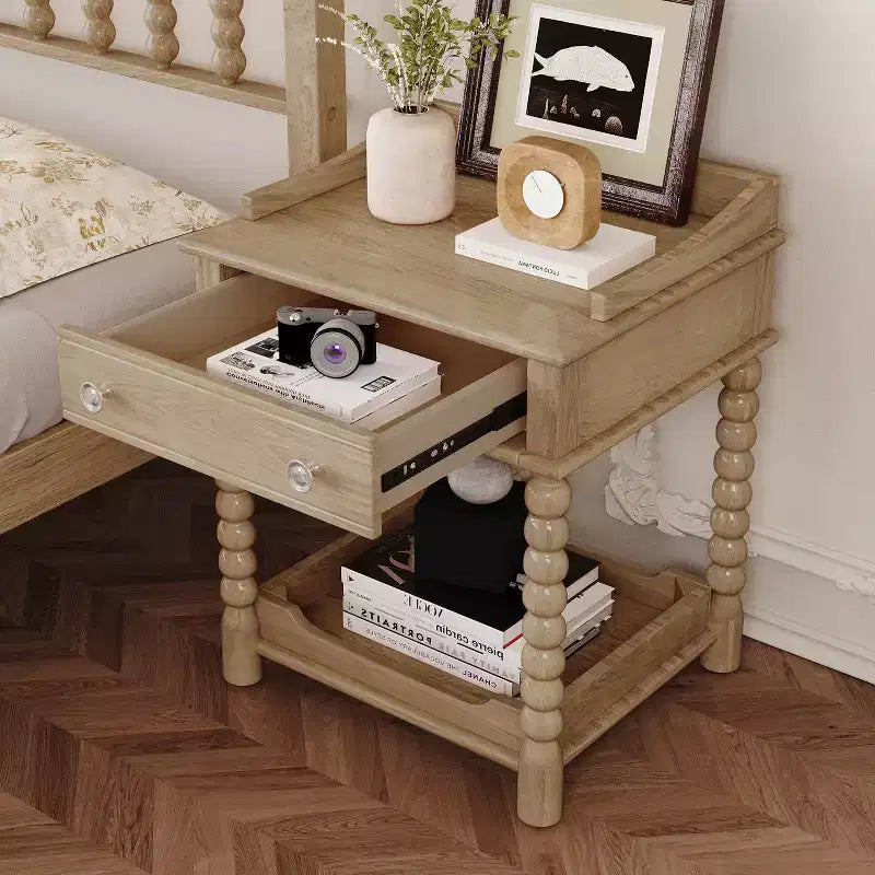 Table de chevet rétro avec tiroir et étagère ouverte, table de chevet avec pieds tournés et poignée en métal, table d'appoint pour chambre à coucher