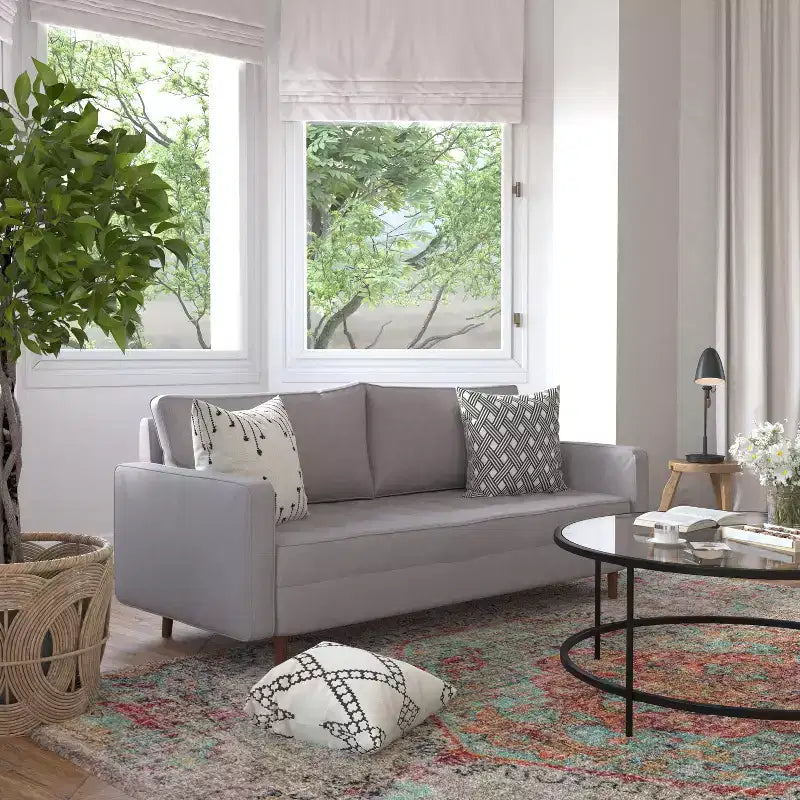 Canapé capitonné de style Mid-Century Modern avec ressorts ensachés, pieds en bois et coussins de dossier amovibles