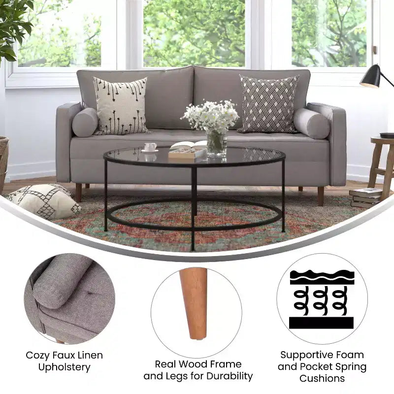 Canapé capitonné de style Mid-Century Modern avec ressorts ensachés, pieds en bois et coussins de dossier amovibles