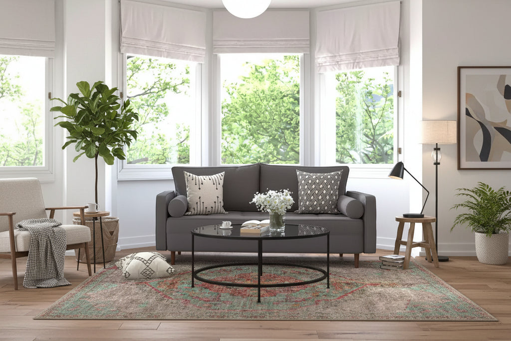Canapé capitonné de style Mid-Century Modern avec ressorts ensachés, pieds en bois et coussins de dossier amovibles