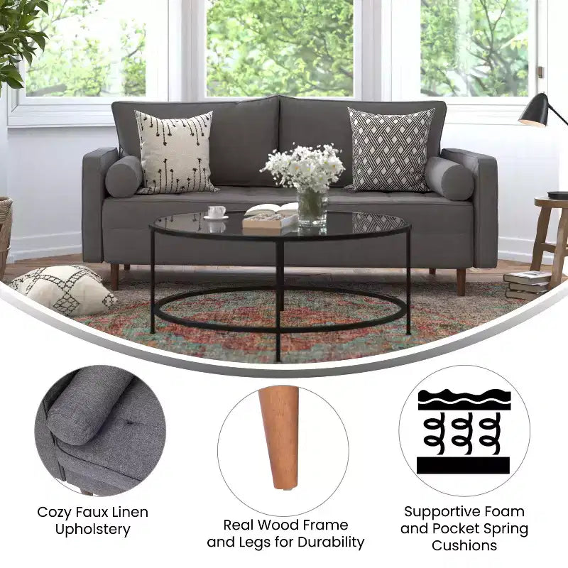 Canapé capitonné de style Mid-Century Modern avec ressorts ensachés, pieds en bois et coussins de dossier amovibles
