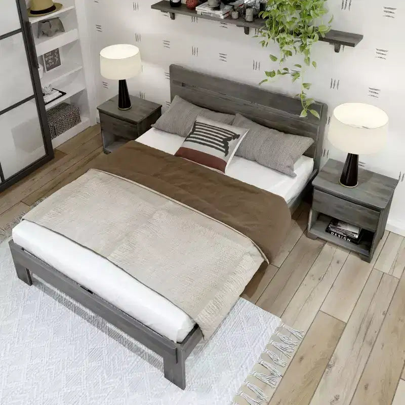 Lit Queen rustique avec tête de lit à planches, lit plateforme en bois massif