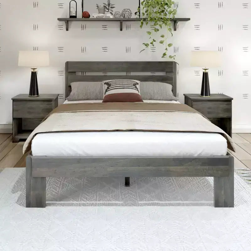 Lit Queen rustique avec tête de lit à planches, lit plateforme en bois massif