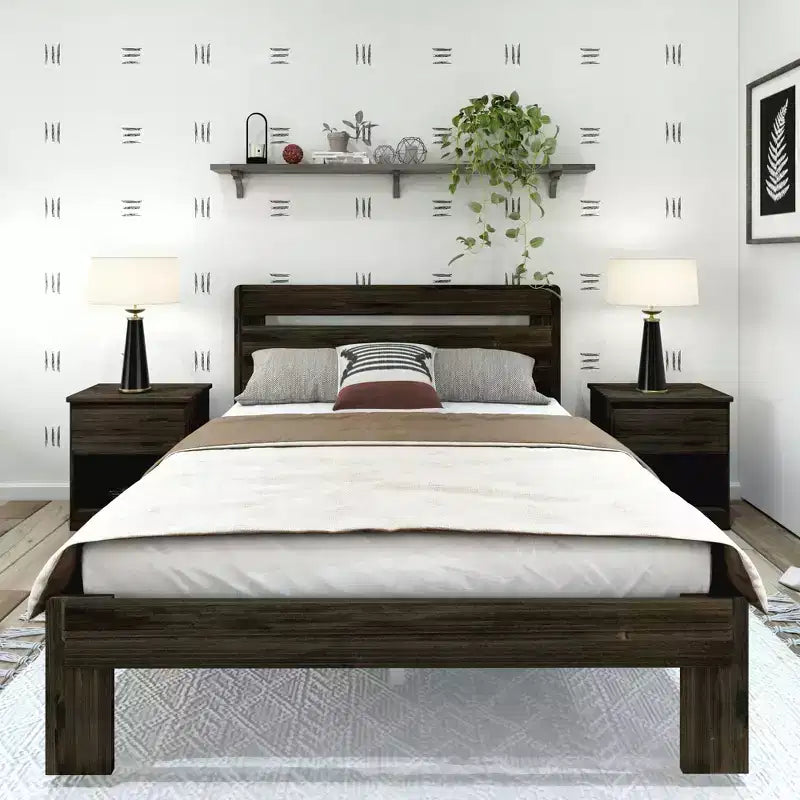 Lit Queen rustique avec tête de lit à planches, lit plateforme en bois massif