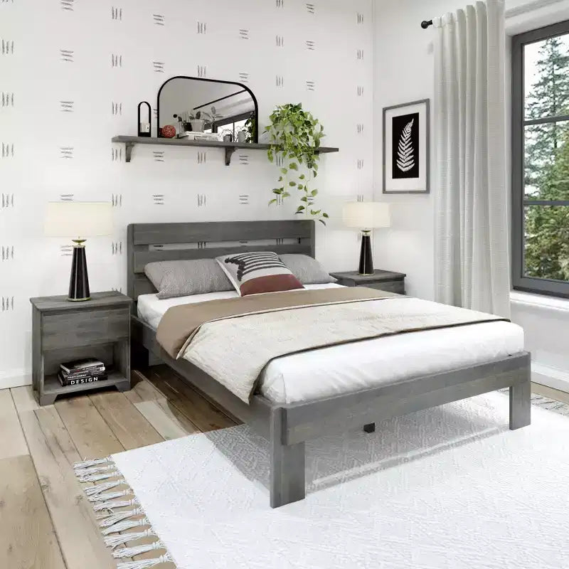 Lit Queen rustique avec tête de lit à planches, lit plateforme en bois massif