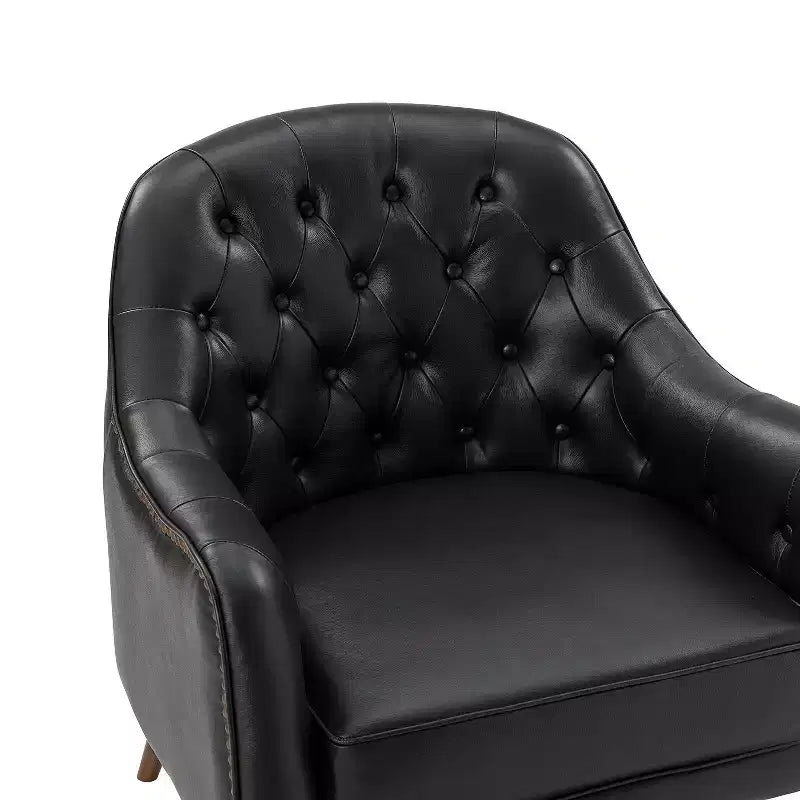 Fauteuil baril d'appoint capitonné en cuir véritable de 72,4 cm de large pour salon avec pieds en bois massif