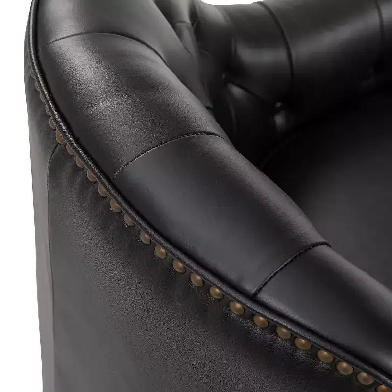 Fauteuil baril d'appoint capitonné en cuir véritable de 72,4 cm de large pour salon avec pieds en bois massif