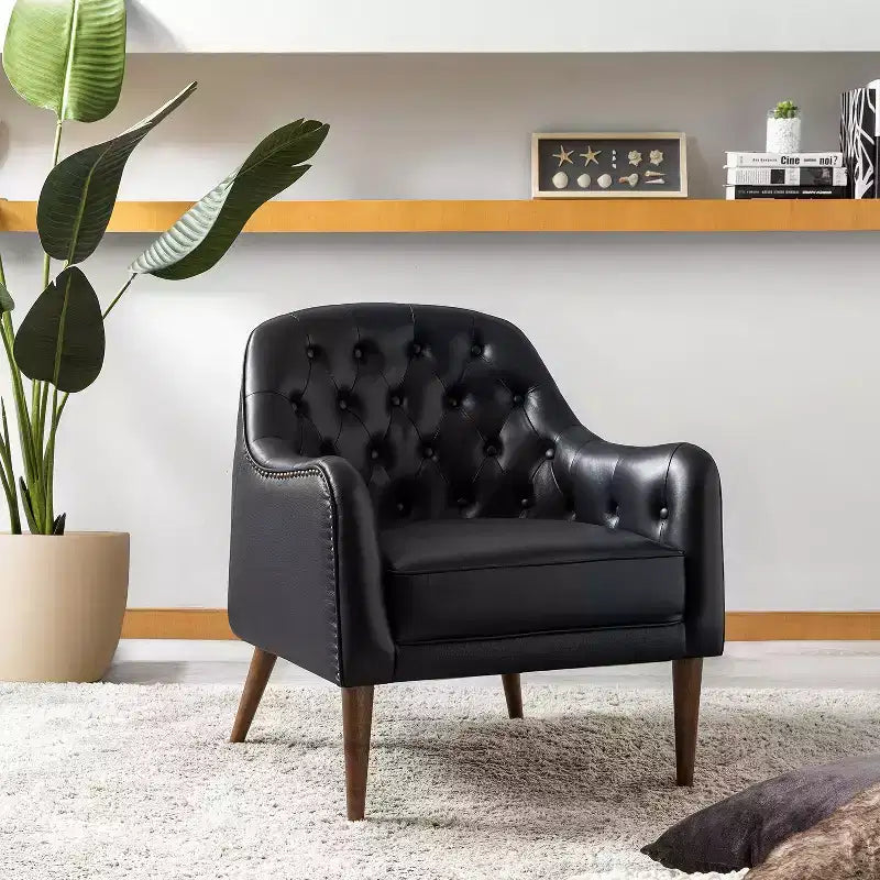 Fauteuil baril d'appoint capitonné en cuir véritable de 72,4 cm de large pour salon avec pieds en bois massif