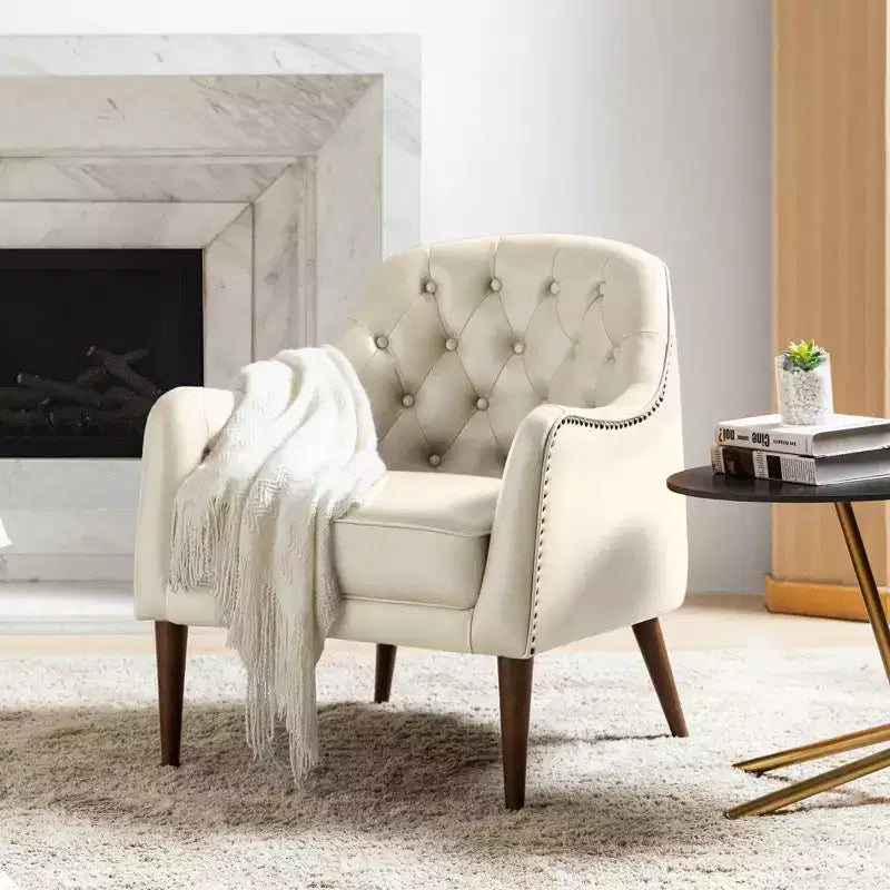 Fauteuil baril d'appoint capitonné en cuir véritable de 72,4 cm de large pour salon avec pieds en bois massif