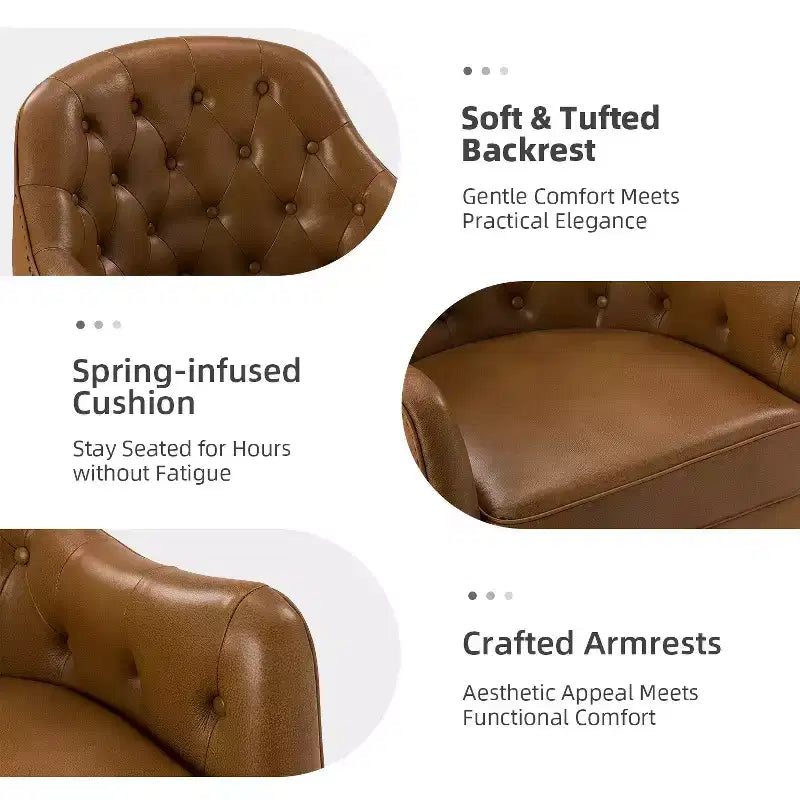 Fauteuil baril d'appoint capitonné en cuir véritable de 72,4 cm de large pour salon avec pieds en bois massif