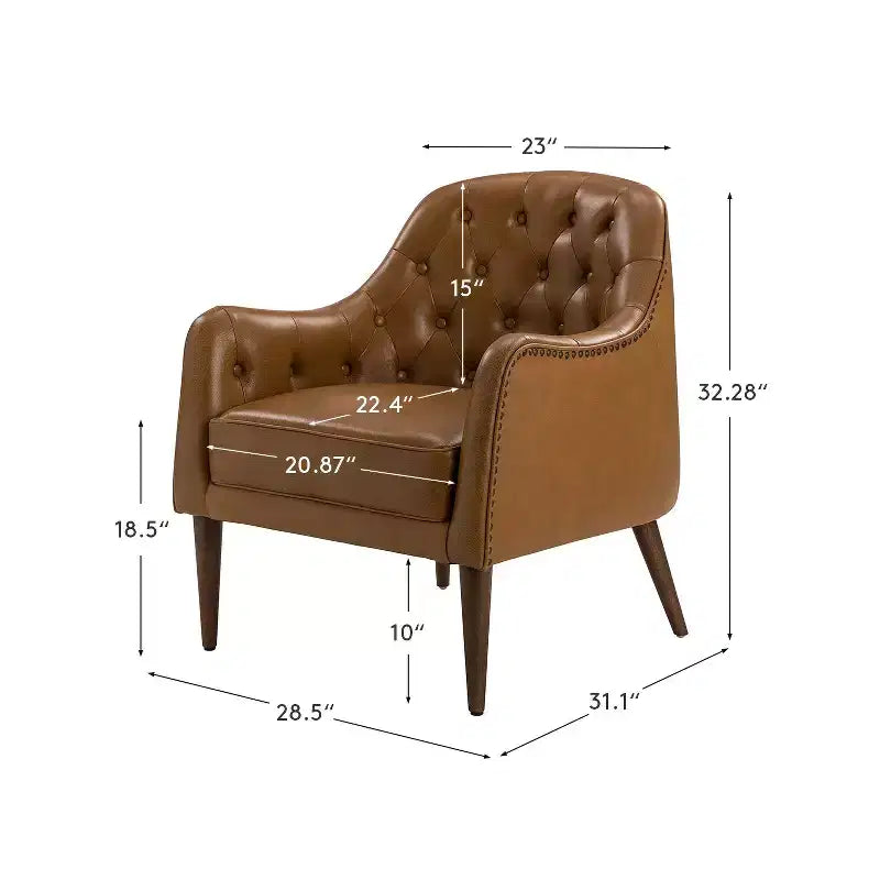 Fauteuil baril d'appoint capitonné en cuir véritable de 72,4 cm de large pour salon avec pieds en bois massif