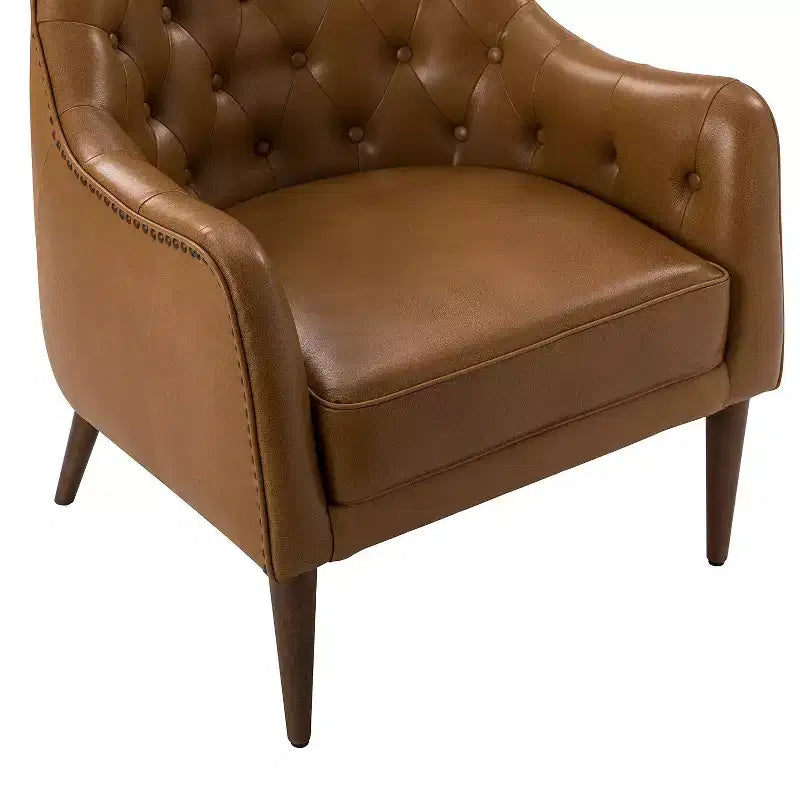 Fauteuil baril d'appoint capitonné en cuir véritable de 72,4 cm de large pour salon avec pieds en bois massif