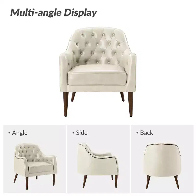 Fauteuil baril d'appoint capitonné en cuir véritable de 72,4 cm de large pour salon avec pieds en bois massif