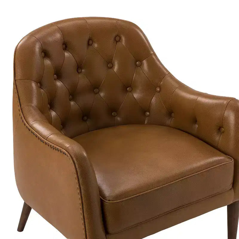Fauteuil baril d'appoint capitonné en cuir véritable de 72,4 cm de large pour salon avec pieds en bois massif