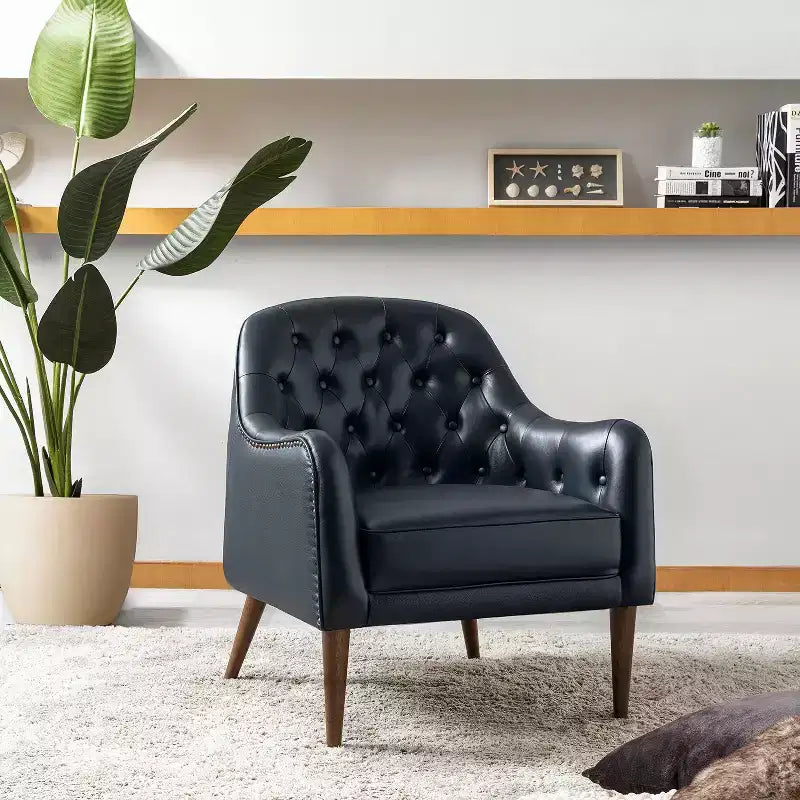 Fauteuil baril d'appoint capitonné en cuir véritable de 72,4 cm de large pour salon avec pieds en bois massif