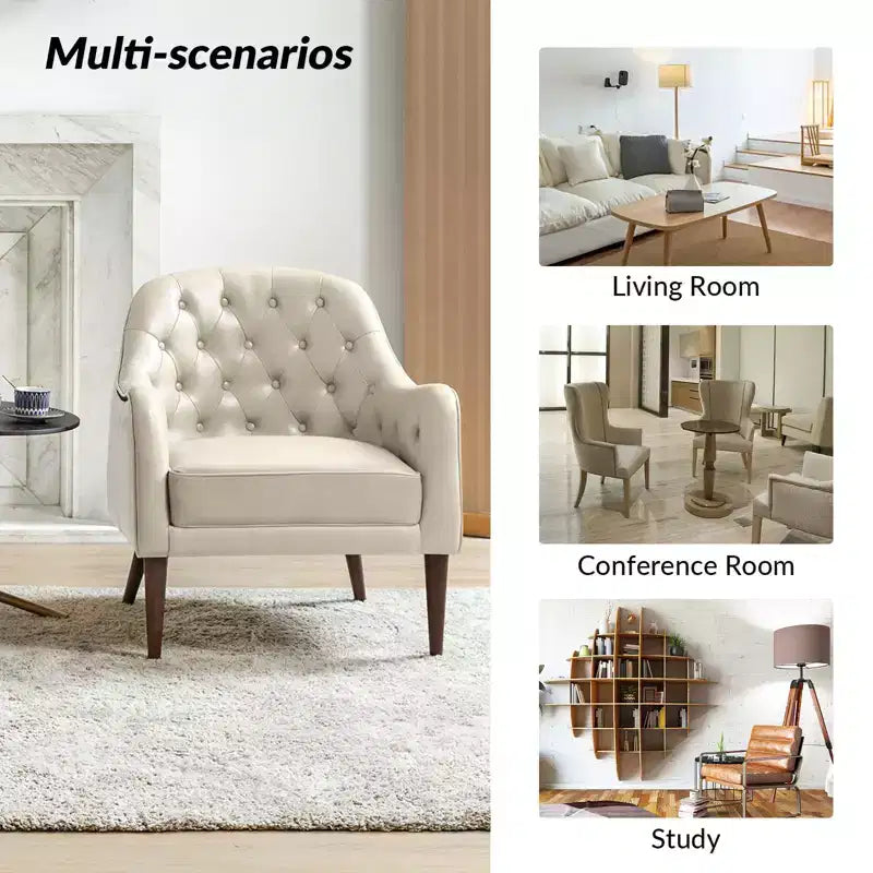 Fauteuil baril d'appoint capitonné en cuir véritable de 72,4 cm de large pour salon avec pieds en bois massif