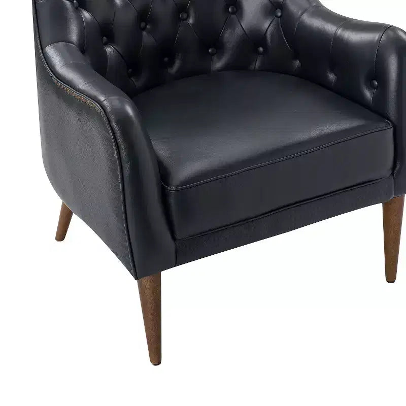 Fauteuil baril d'appoint capitonné en cuir véritable de 72,4 cm de large pour salon avec pieds en bois massif