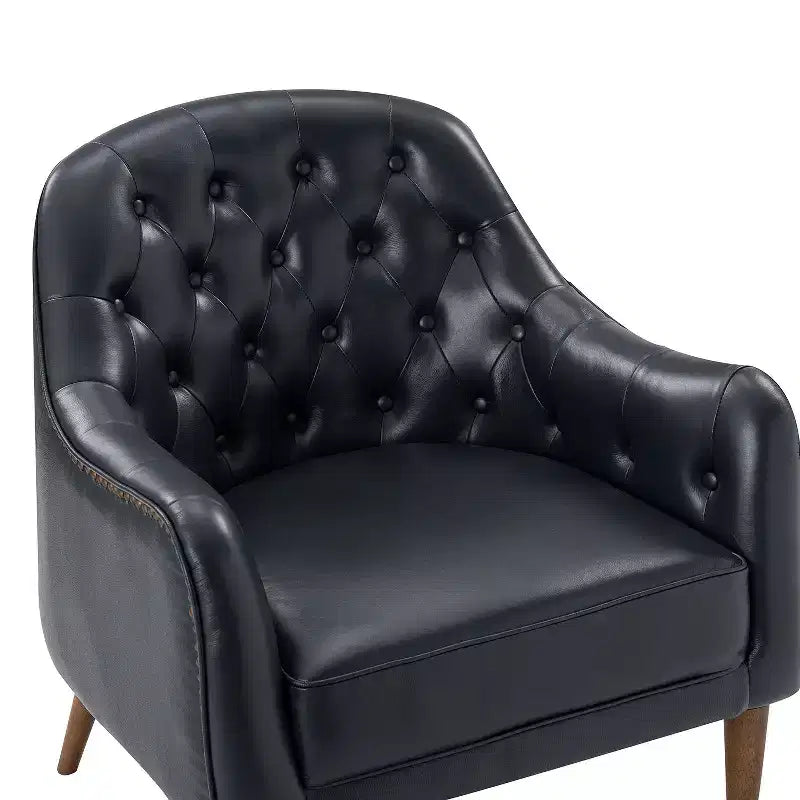 Fauteuil baril d'appoint capitonné en cuir véritable de 72,4 cm de large pour salon avec pieds en bois massif