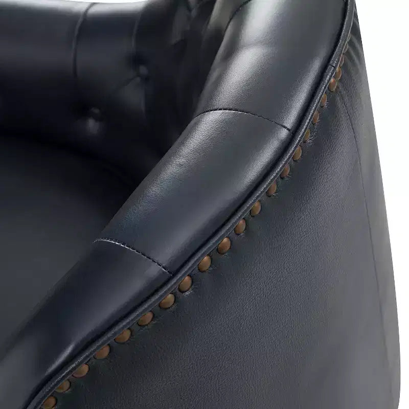 Fauteuil baril d'appoint capitonné en cuir véritable de 72,4 cm de large pour salon avec pieds en bois massif