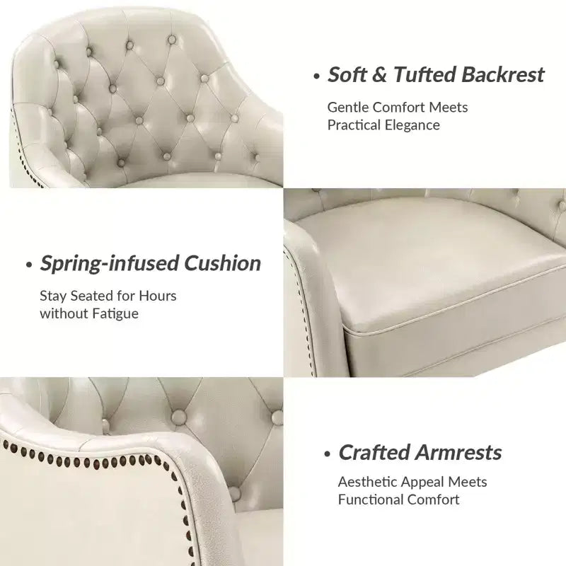 Fauteuil baril d'appoint capitonné en cuir véritable de 72,4 cm de large pour salon avec pieds en bois massif