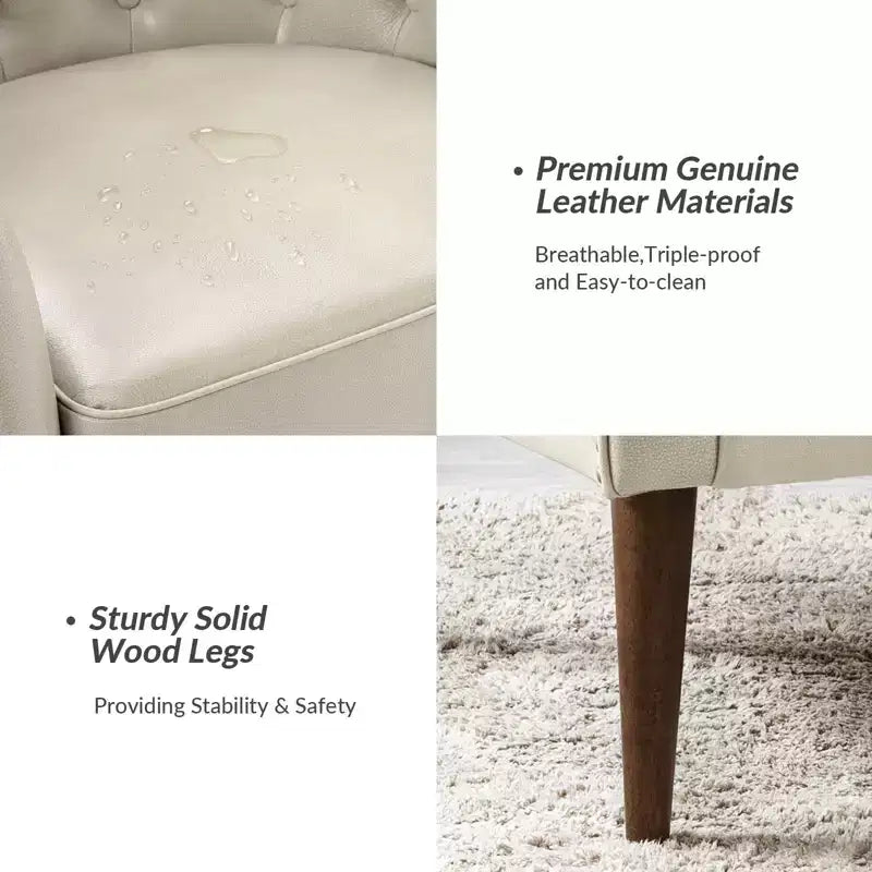 Fauteuil baril d'appoint capitonné en cuir véritable de 72,4 cm de large pour salon avec pieds en bois massif