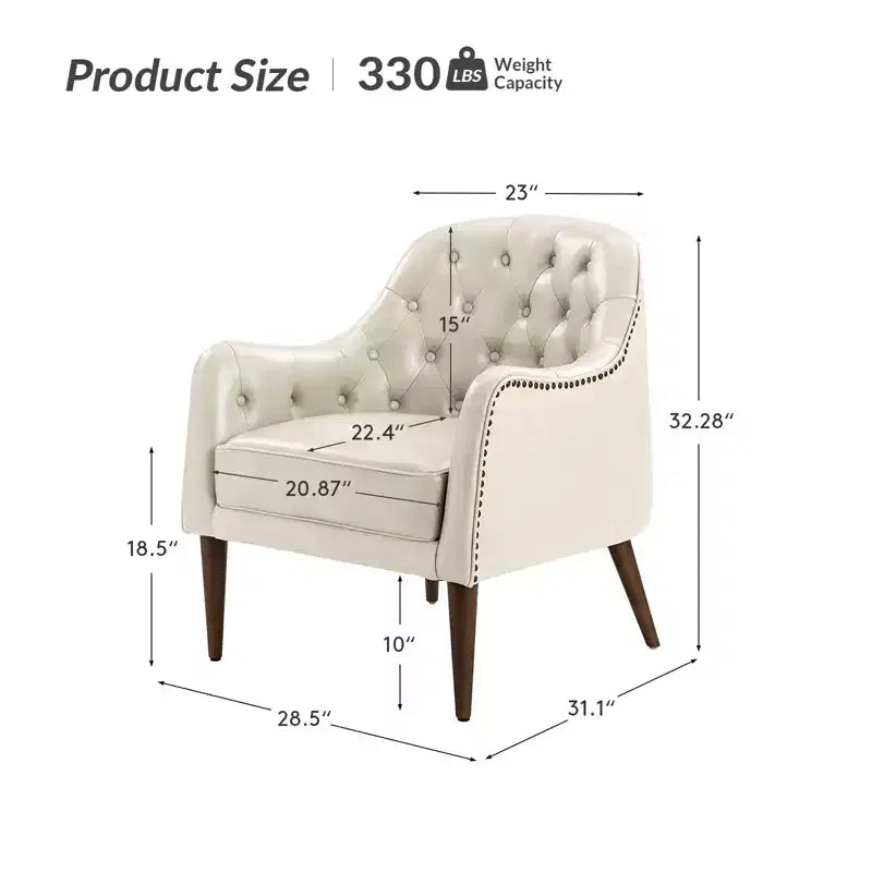 Fauteuil baril d'appoint capitonné en cuir véritable de 72,4 cm de large pour salon avec pieds en bois massif