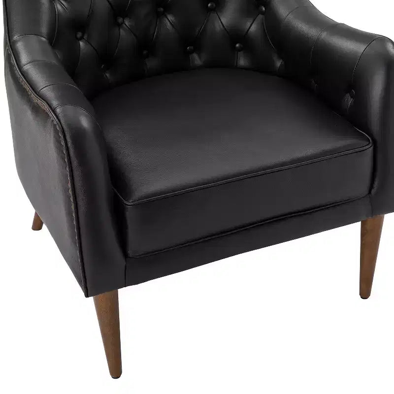 Fauteuil baril d'appoint capitonné en cuir véritable de 72,4 cm de large pour salon avec pieds en bois massif