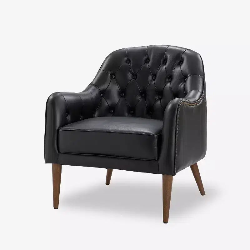 Fauteuil baril d'appoint capitonné en cuir véritable de 72,4 cm de large pour salon avec pieds en bois massif