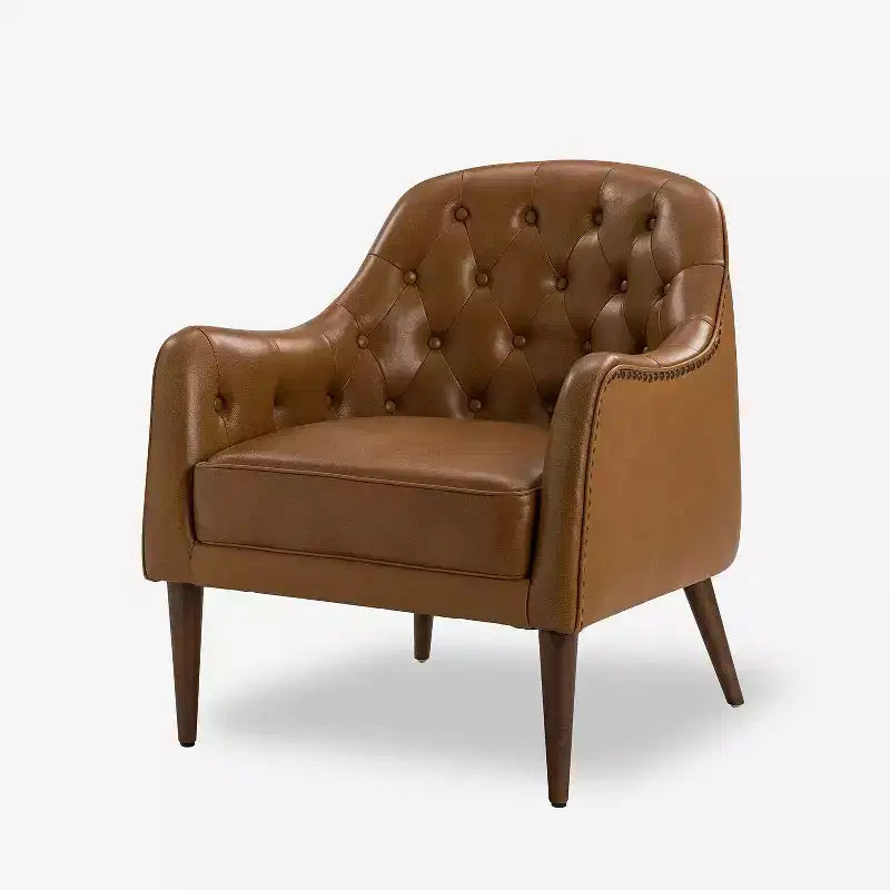Fauteuil baril d'appoint capitonné en cuir véritable de 72,4 cm de large pour salon avec pieds en bois massif